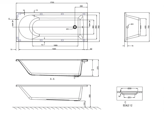 ClearGreen Reuse 1700 X 700mm Reinforced Single Ended Bath 5 ClearGreen Reuse 1700 X 700mm Reinforced Single Ended Bath - Image 5