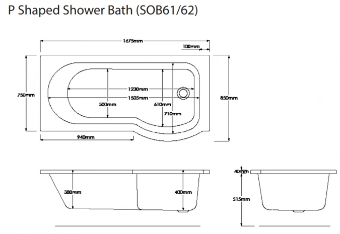 Vitra & Sommer 1675mm P Shape Shower Bath Complete Suite 8 Vitra & Sommer 1675mm P Shape Shower Bath Complete Suite - Image 8